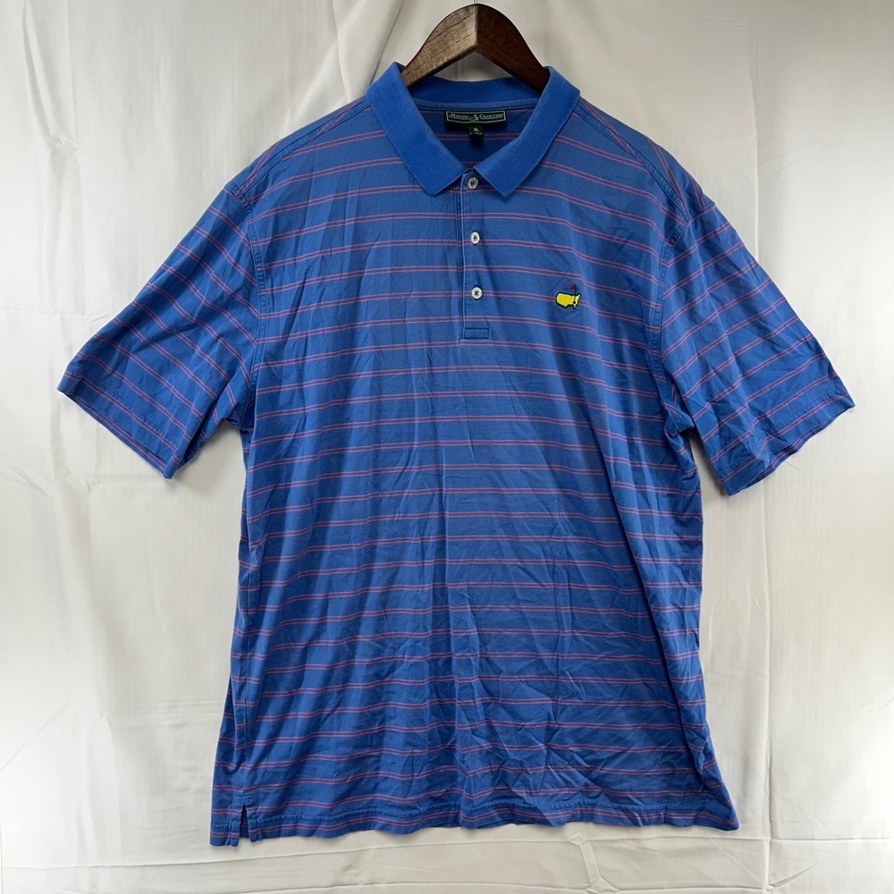 Masters Collection Polo Shirt Mens XL Blue Pink Striped Embroidered Logo